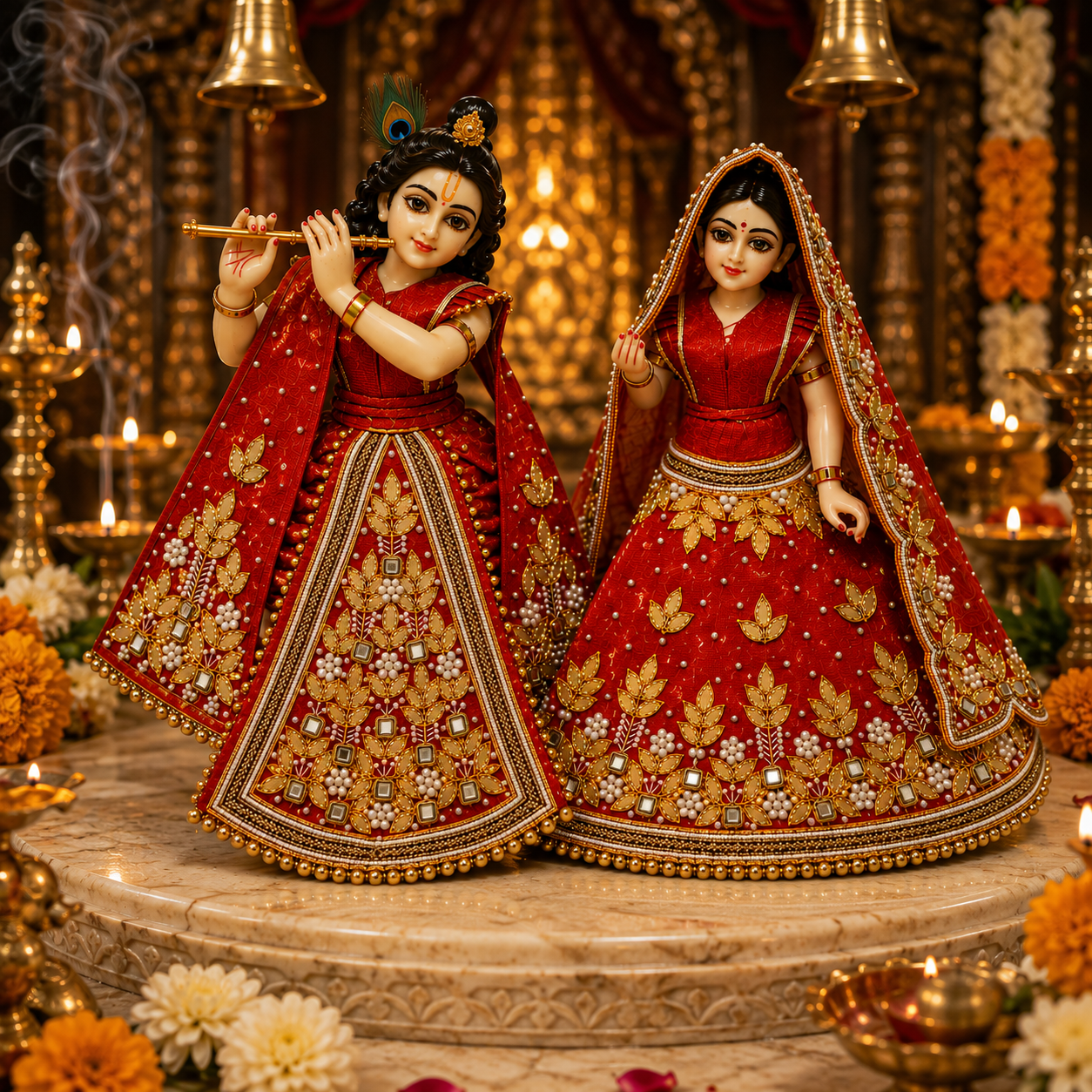 Bansuri Premium Handmade Radha Krishna Poshak | Red & Gold Designer Dress with Pearl, Stone & Beadwork (RGO260)