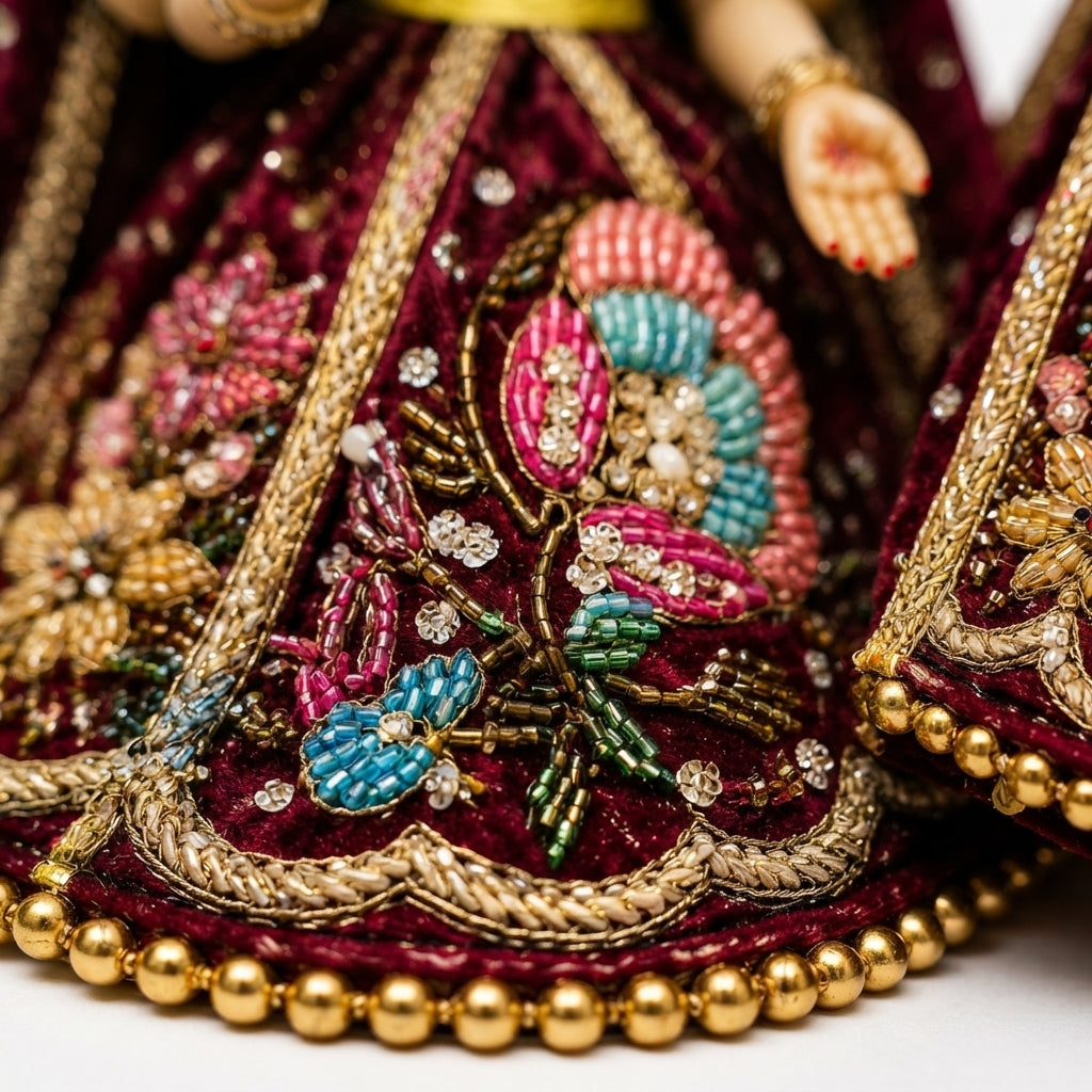 Bansuri Premium Handmade Maroon Embroidered Ganesh Lakshmi Dress | Designer Velvet Deity Poshak (2 Inch)