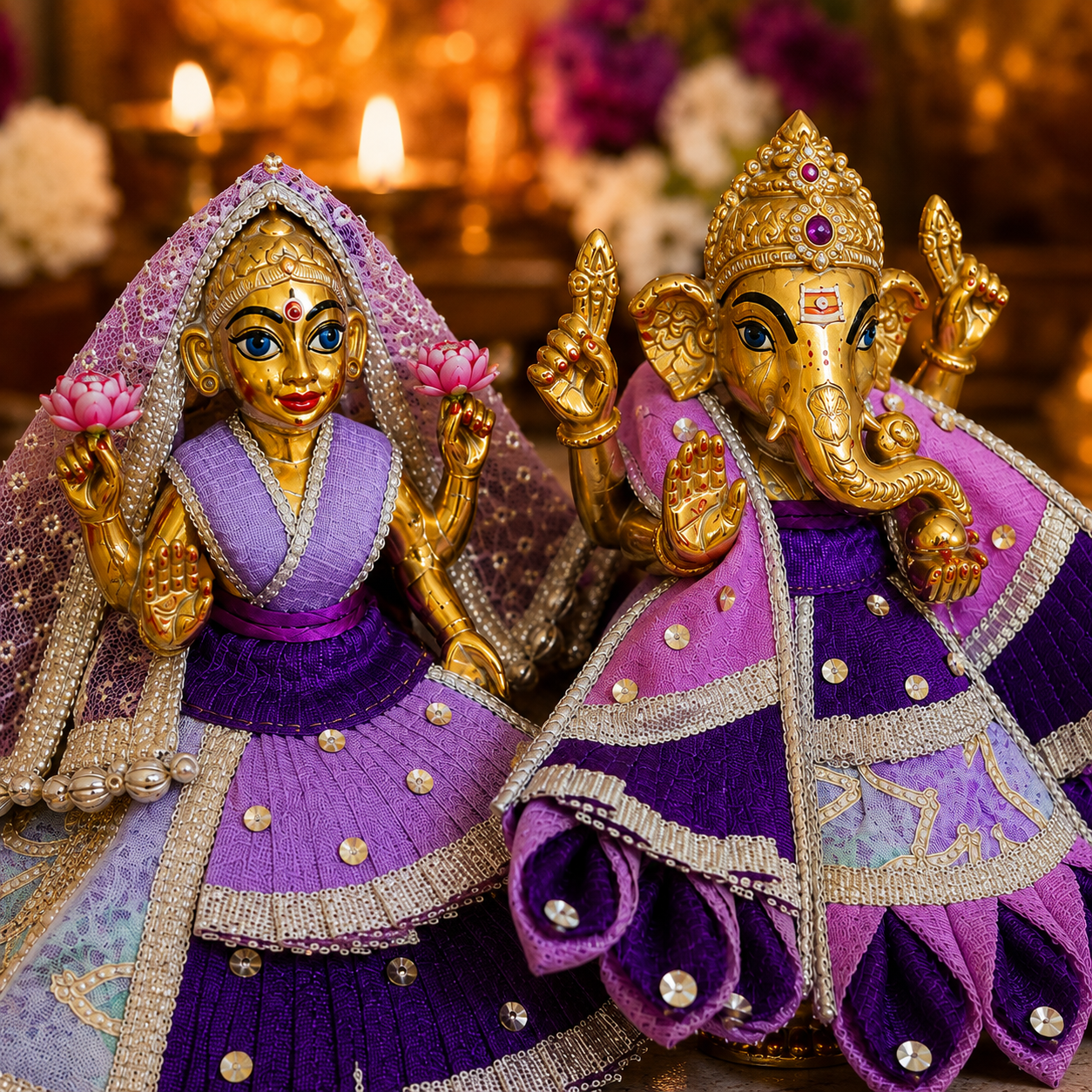 Bansuri Premium Handmade Ganesh Lakshmi Poshak – Purple & Lavender Designer Ganesh Ji Lakshmi Ji Dress for Festival, Pooja & Temple Decoration (PUR221)