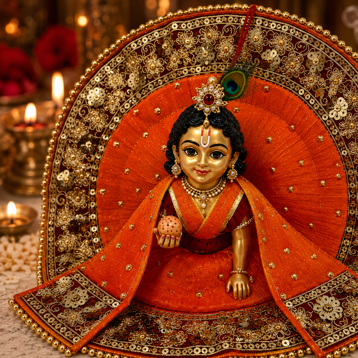 Bansuri Premium Handmade Laddu Gopal Poshak with Decorative Backdrop | Orange & Gold Designer Dress (REOR289)