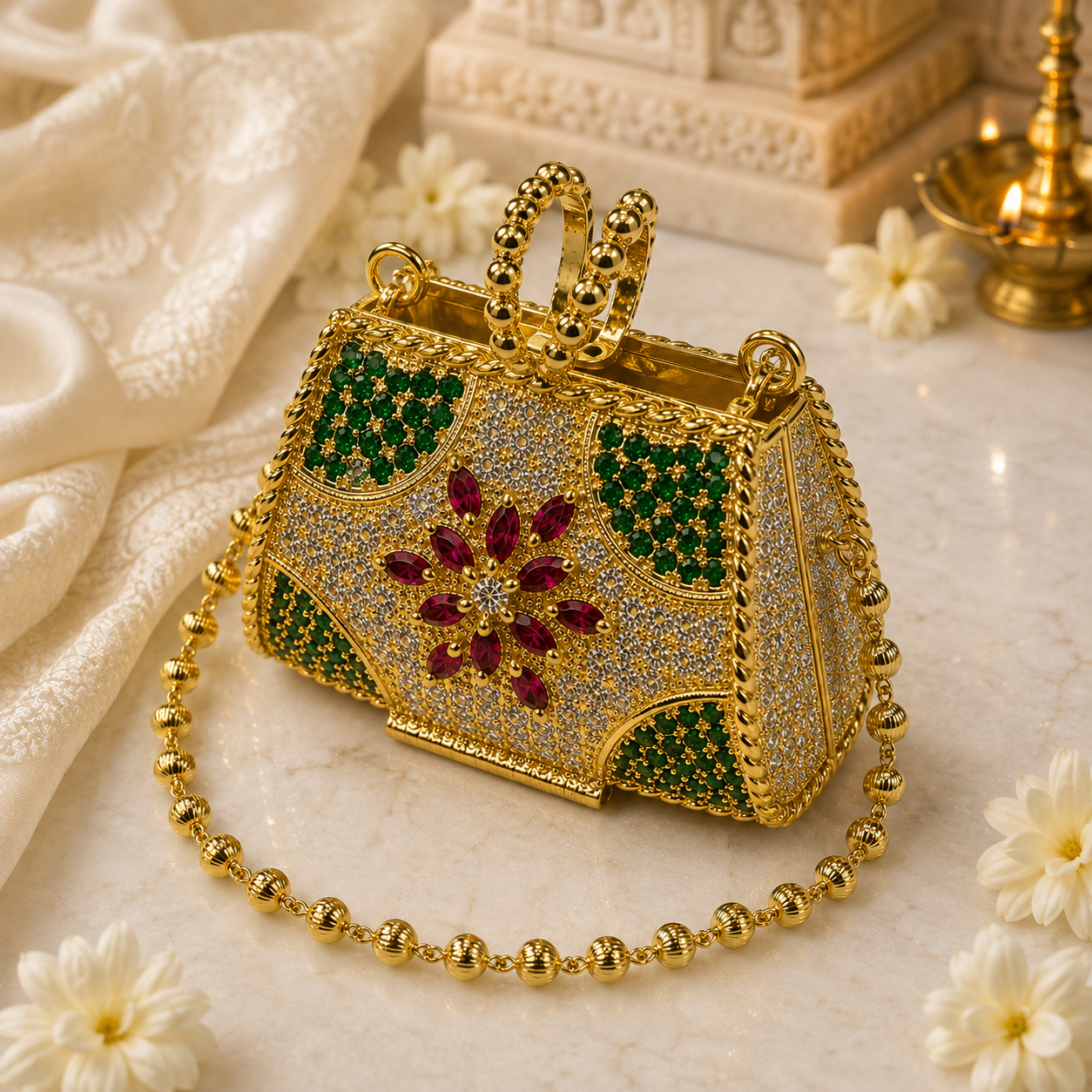 Bansuri Premium Crystal Potli Bag Pendant For Deity Idol | Luxury Handcrafted Temple Purse Ornament For Home Mandir Decor