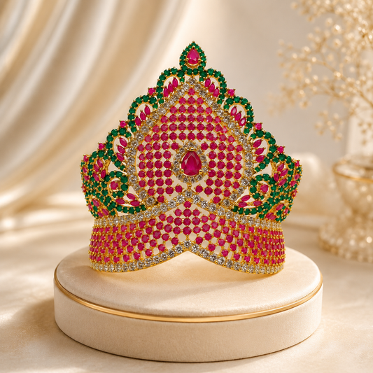 Bansuri Premium Ruby Pink & Emerald Green Stone Studded Gold Finish Deity Mukut for Laddu Gopal, Krishna Ji & God Idols