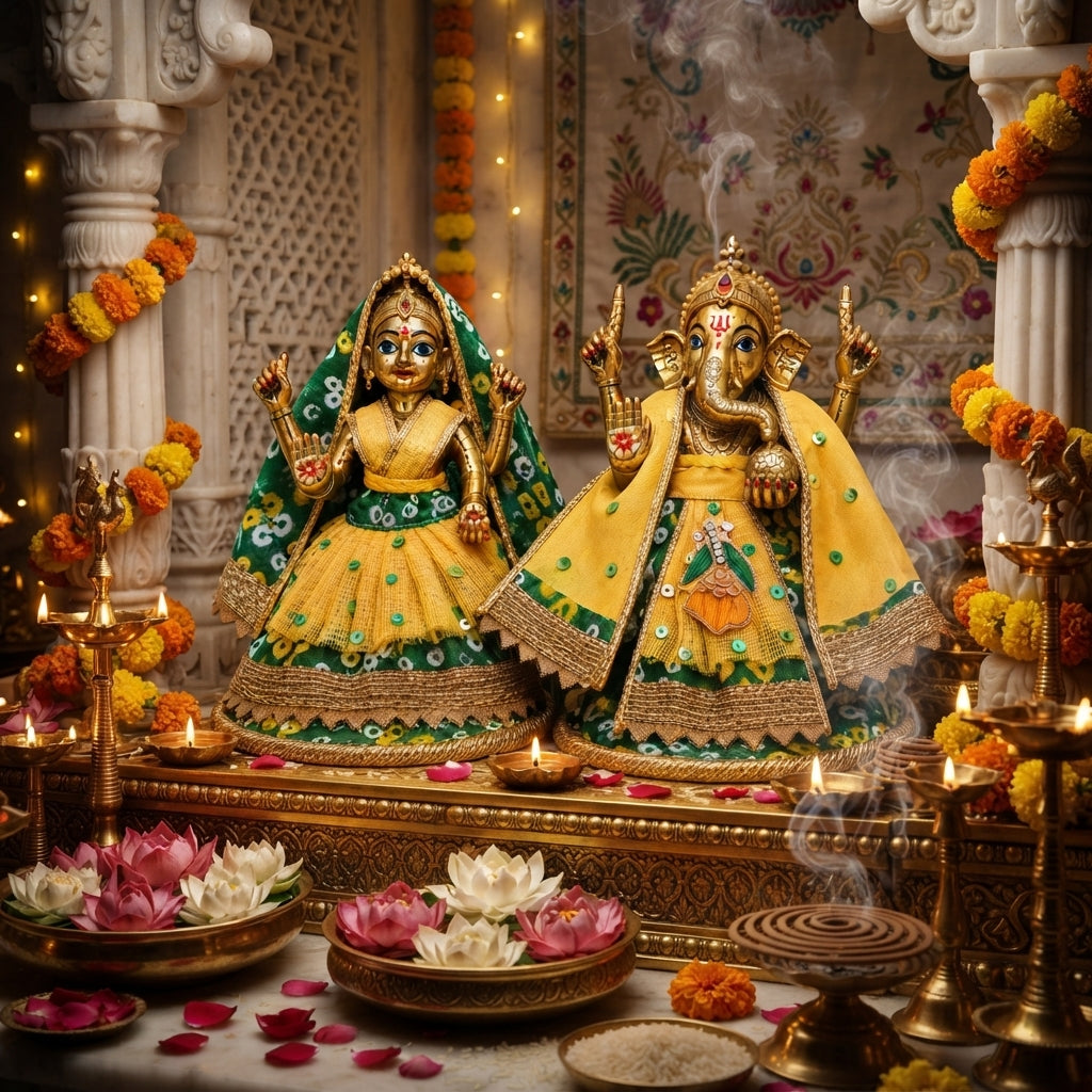 Bansuri Premium Handmade Green Bandhani Ganesh Lakshmi Dress | Yellow Designer Deity Poshak (3.5 Inch)