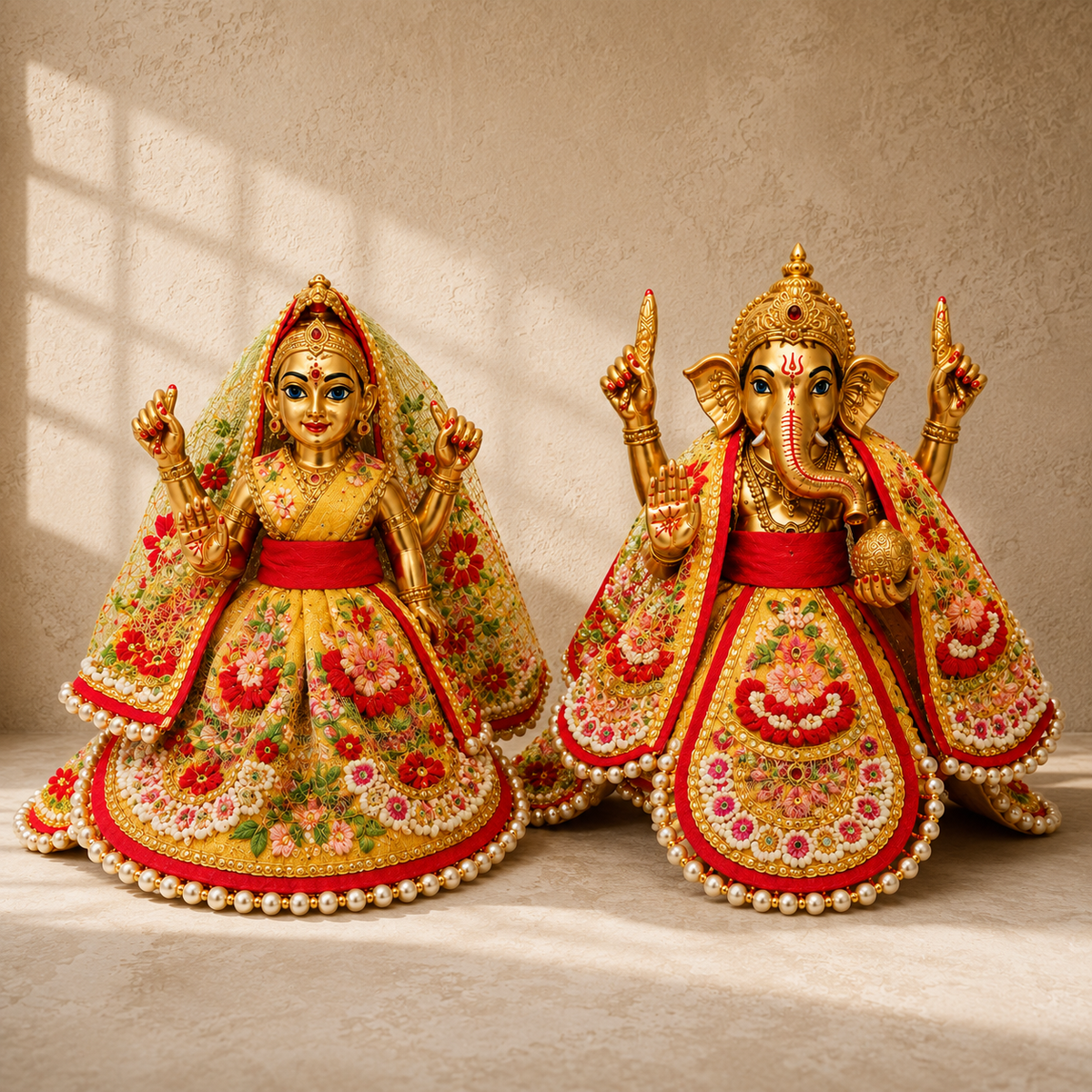 Bansuri Premium Handmade Floral Ganesh Lakshmi Poshak Set | Designer Ganesh Ji Lakshmi Mata Dress | Traditional Festival Shringar