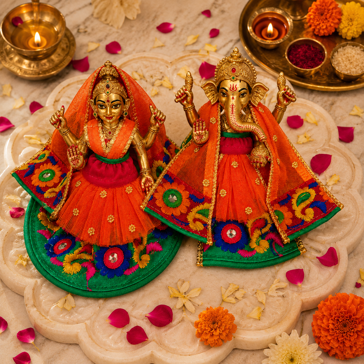Bansuri Premium Handmade Ganesh Lakshmi Poshak | Designer Ganesh Ji Lakshmi Ji Dress | Orange Embroidered Deity Vastra (ODL113)