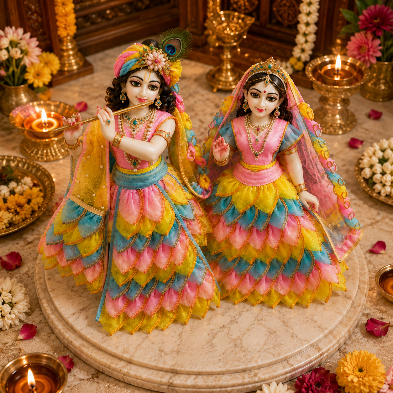 Bansuri Premium Handmade Radha Krishna Poshak | Designer Radha Rani & Krishna Ji Dress with Layered Floral Design | Festive Deity Dress for Janmashtami, Radhashtami & Daily Shringar (TCO240)
