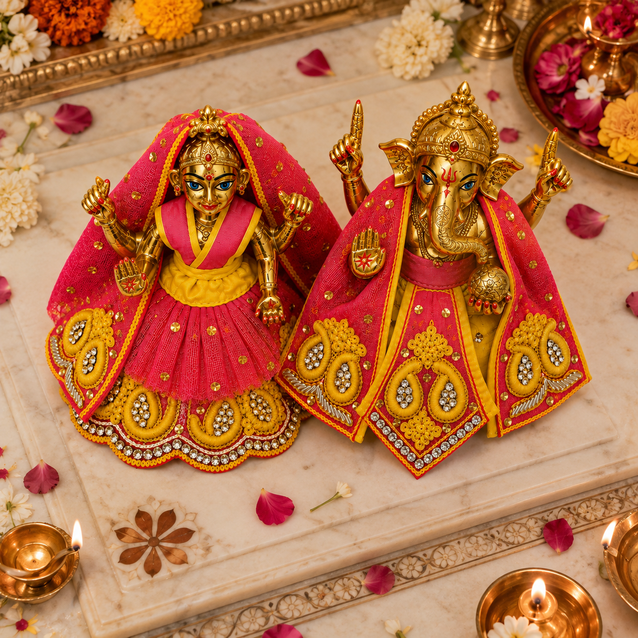 Bansuri Premium Handmade Ganesh Lakshmi Poshak | Designer Ganesh Ji Lakshmi Ji Dress | Yellow & Pink Embroidered Deity Vastra | Festival Collection