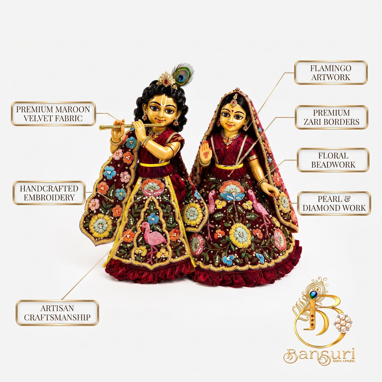 Bansuri Premium Handmade Maroon Floral Embroidered Radha Krishna Dress | Designer Velvet Poshak (4 Inch)