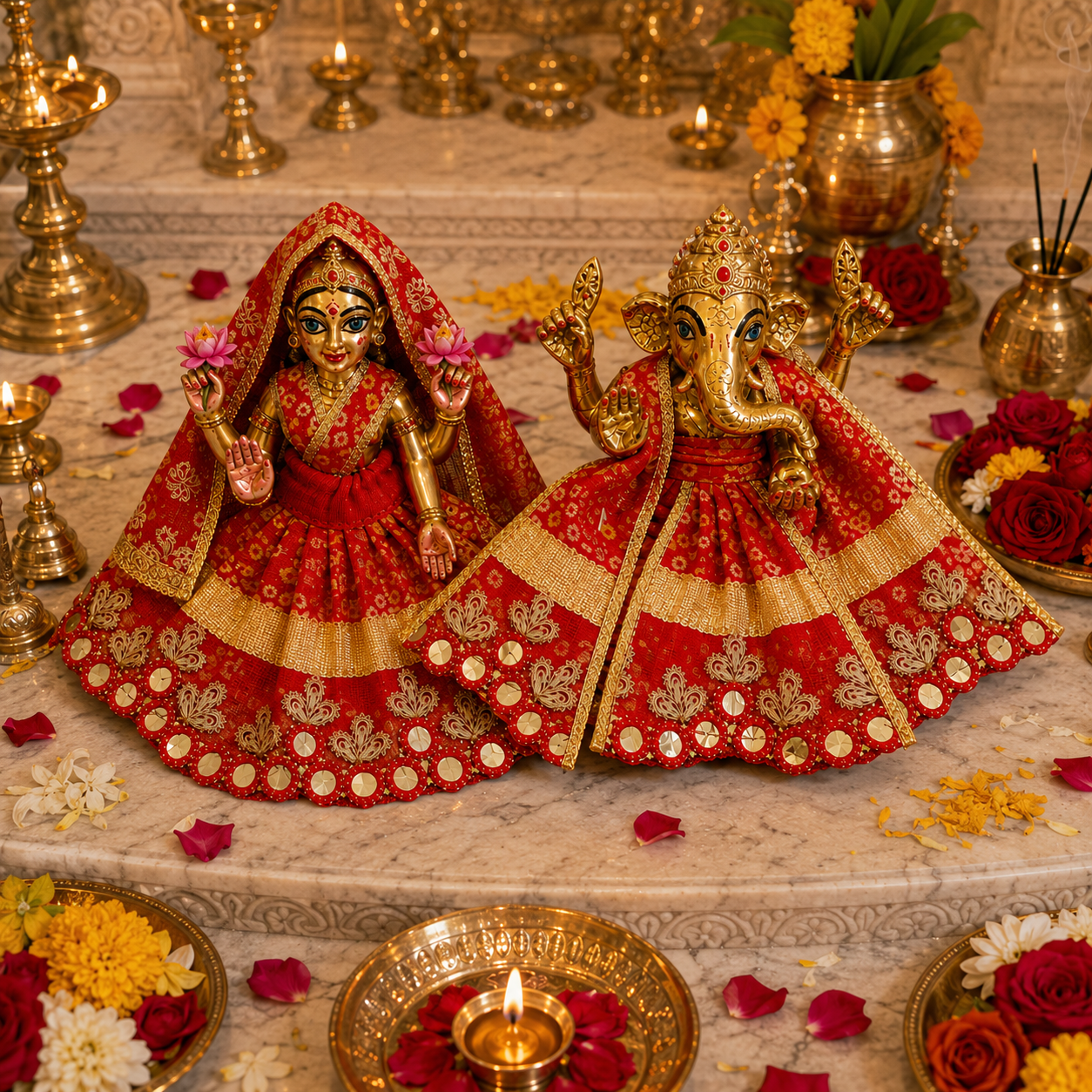 Bansuri Premium Handmade Lakshmi Ganesh Poshak | Red & Gold Designer Dress for Lakshmi Ji and Ganesh Ji (RB262)