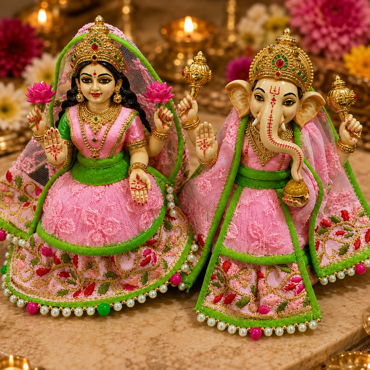 Bansuri Premium Handmade Pink & Green Ganesh Lakshmi Ji Dress Set | Designer Poshak for Ganesh Lakshmi Idol | Festive Pooja Shringar (THPI286)