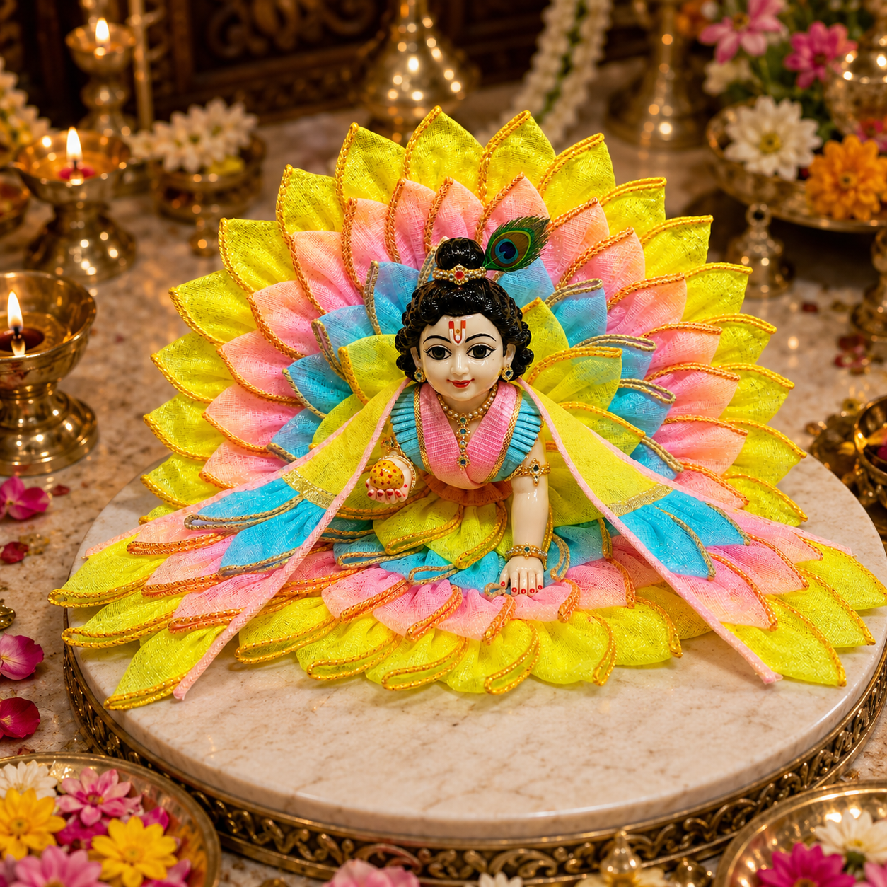 Bansuri Premium Handmade Laddu Gopal Poshak | Designer Kanha Ji Dress with Multicolor Lotus Layered Design | Festive Deity Dress for Janmashtami, Daily Shringar & Temple Decoration (TCO240)
