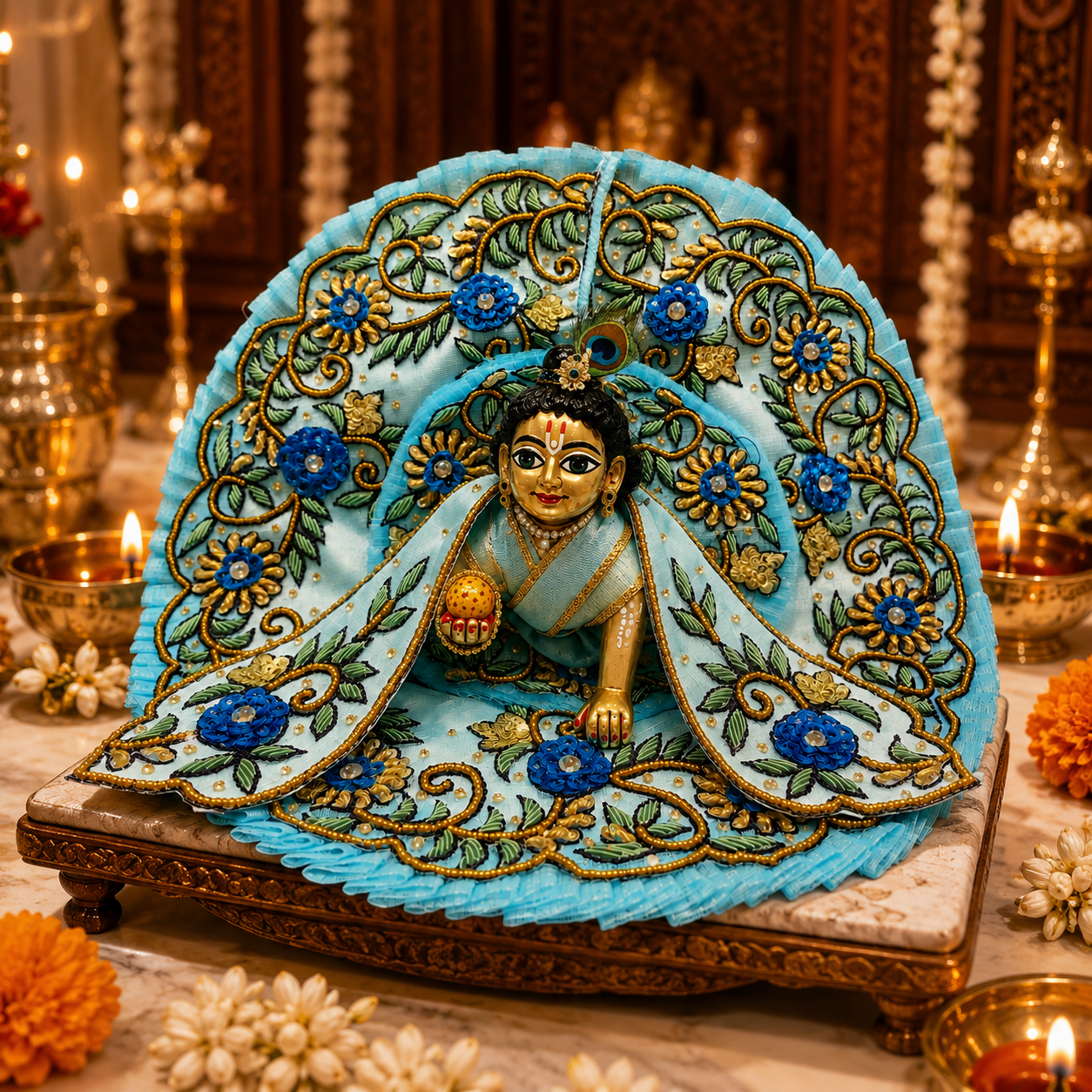 Bansuri Premium Sky Blue Laddu Gopal Ji Dress with Decorative Floral Backdrop | Handmade Designer Poshak for Kanha Ji | Janmashtami & Daily Shringar (SHBL255)
