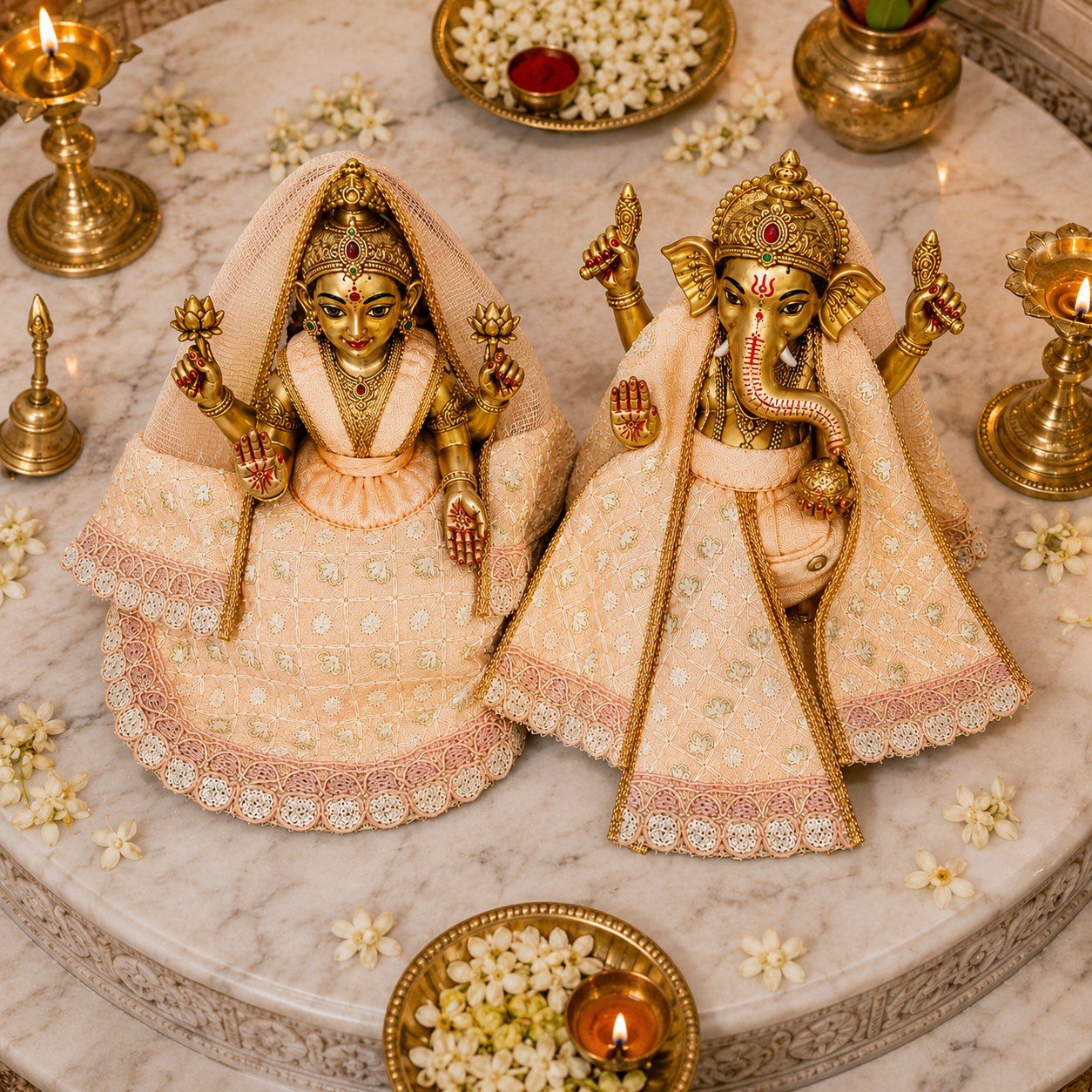 Bansuri Premium Handmade Ganesh Ji Lakshmi Ji Poshak Set | Peach Embroidered Designer Ganesh Lakshmi Dress | Festival & Daily Shringar Collection (PEA266)
