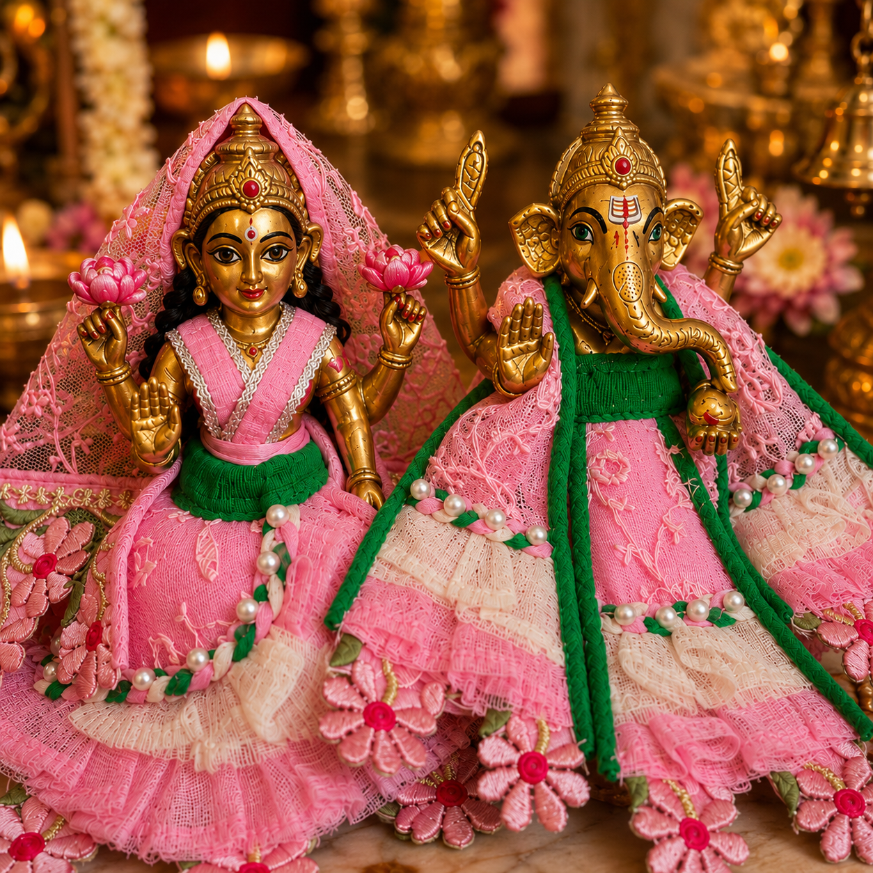 Bansuri Premium Handmade Ganesh Ji Lakshmi Ji Poshak Set | Pink Green Floral Embroidered Ganesh Lakshmi Dress | Designer Festival Shringar Collection (PIGR241)