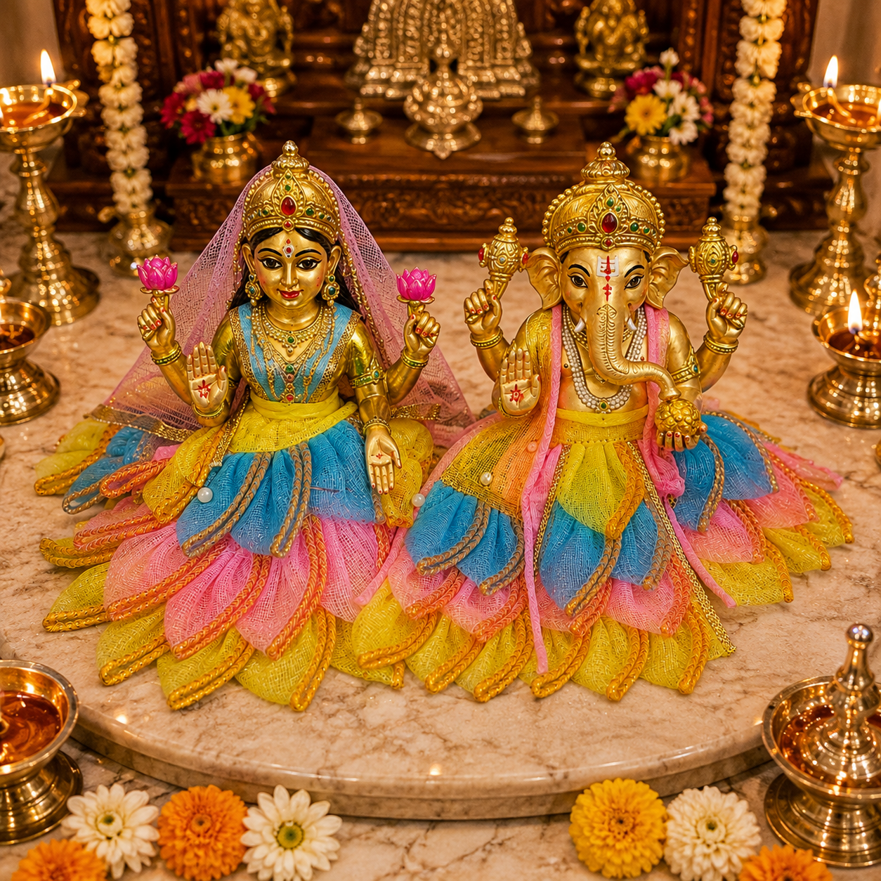 Bansuri Premium Handmade Ganesh Lakshmi Poshak | Designer Ganesh Ji & Lakshmi Ji Dress with Floral Layered Skirt | Festive Deity Dress for Diwali, Ganesh Chaturthi & Daily Shringar (TCO240)