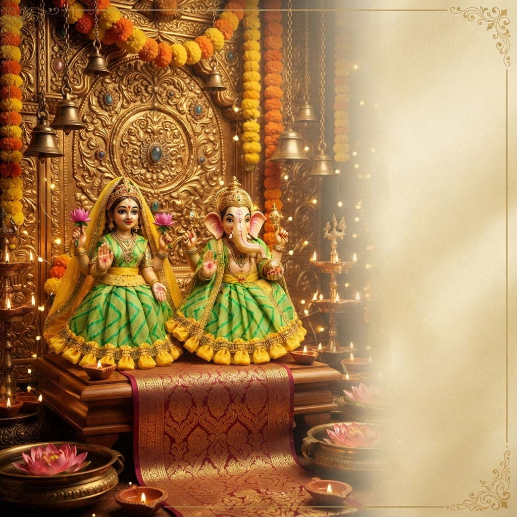 Bansuri Premium Handmade Ganesh Lakshmi Dress | Green & Yellow Deity Poshak | Festival Special (2 Inch)