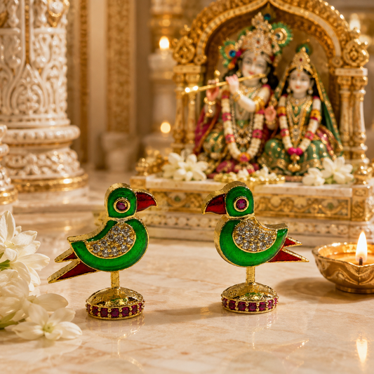 Bansuri Premium Crystal Parrot Showpiece for Home Temple | Luxury Decorative Pair for Radha Krishna & Other Deity Singhasan | Handcrafted Devotional Mandir Decor
