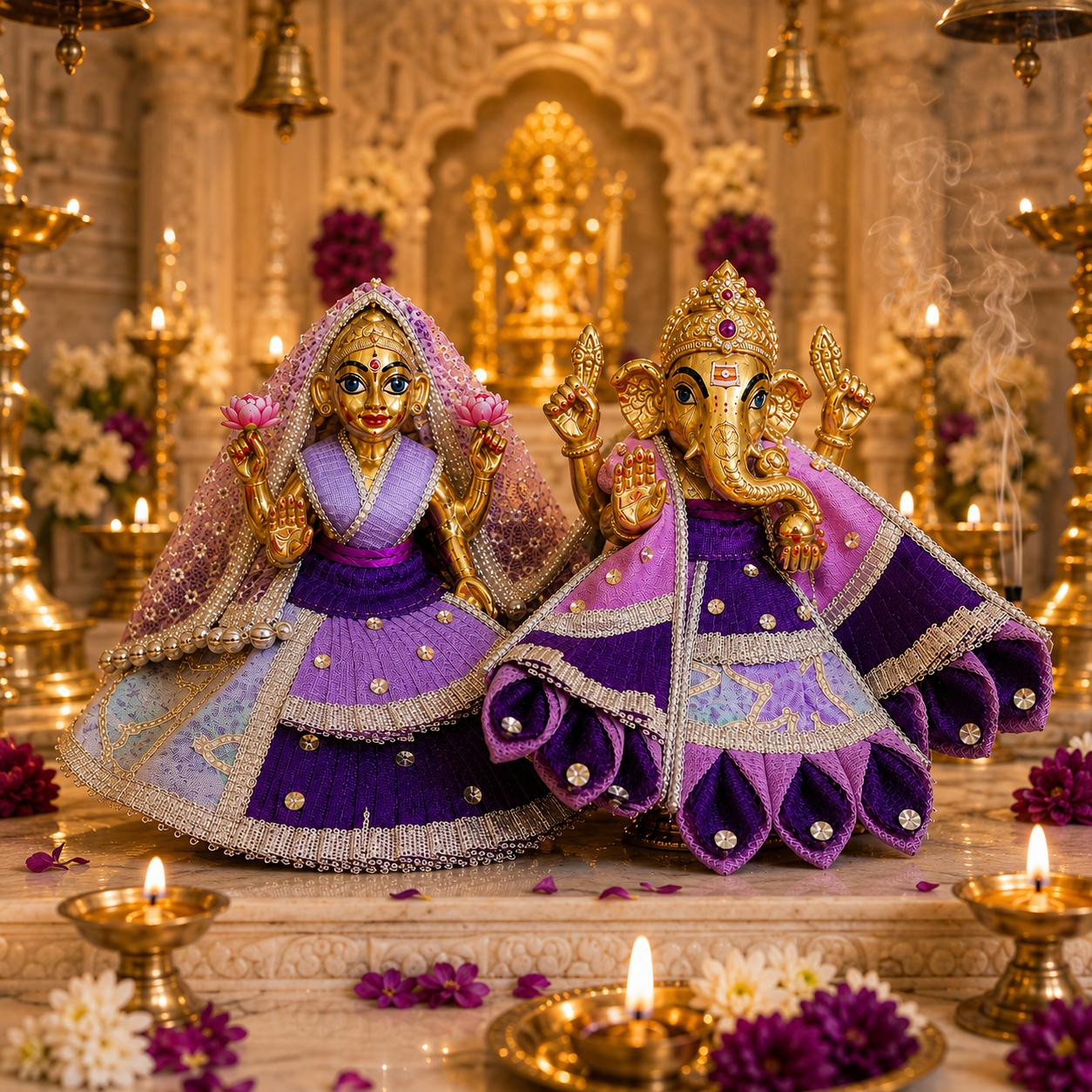 Bansuri Premium Handmade Ganesh Lakshmi Poshak – Purple & Lavender Designer Ganesh Ji Lakshmi Ji Dress for Festival, Pooja & Temple Decoration (PUR221)