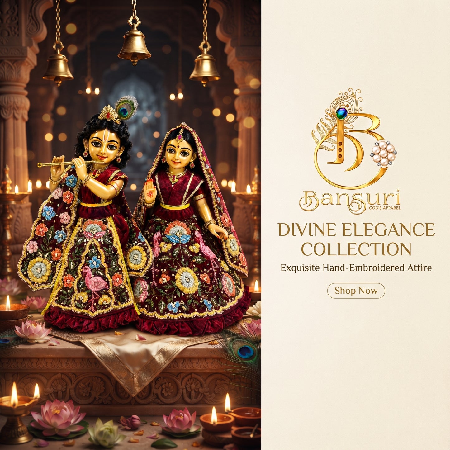 Bansuri Premium Handmade Maroon Floral Embroidered Radha Krishna Dress | Designer Velvet Poshak (4 Inch)