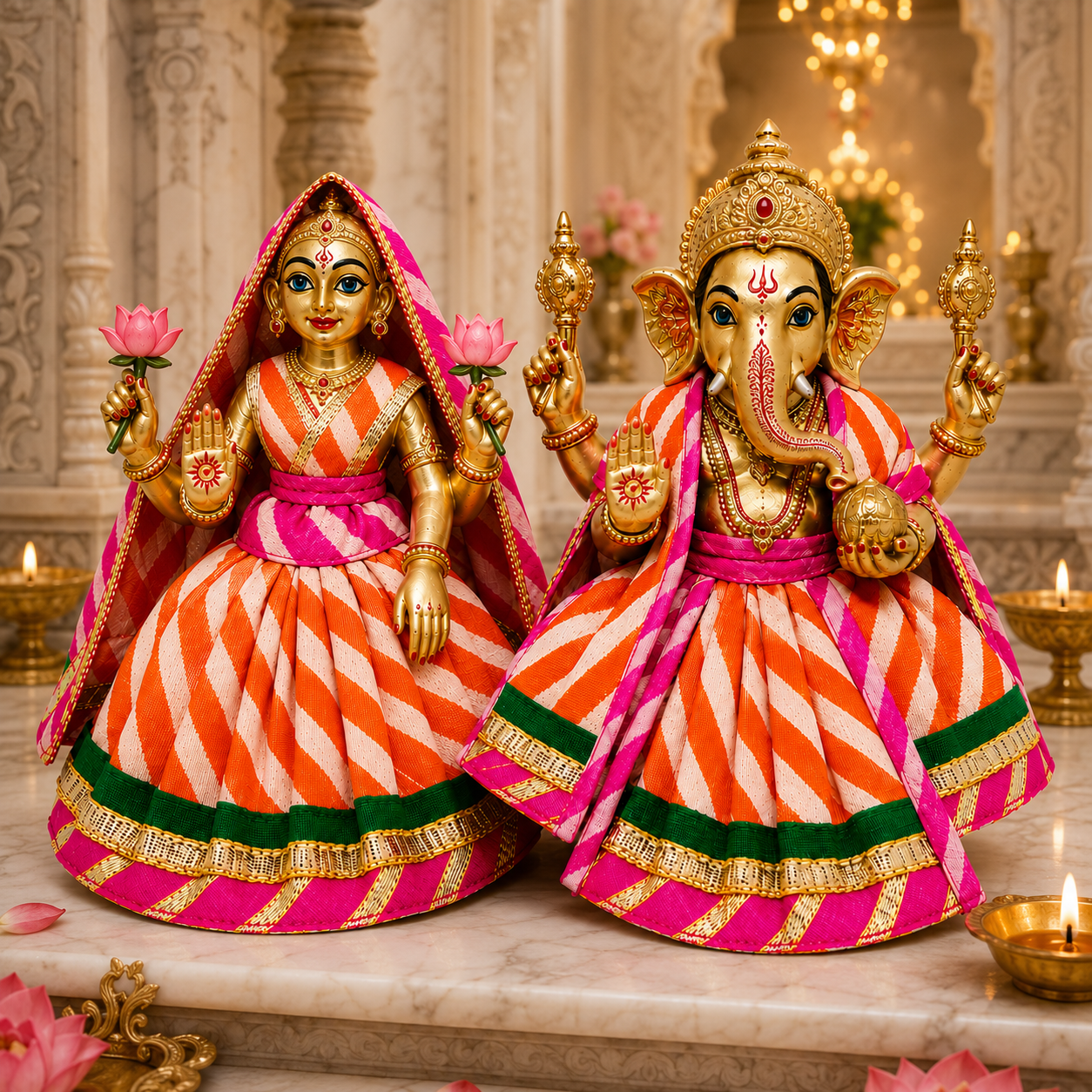 Bansuri Premium Orange & White Ganesh Lakshmi Dress | Designer Poshak with Pink Green & Golden Border (5 Inch)