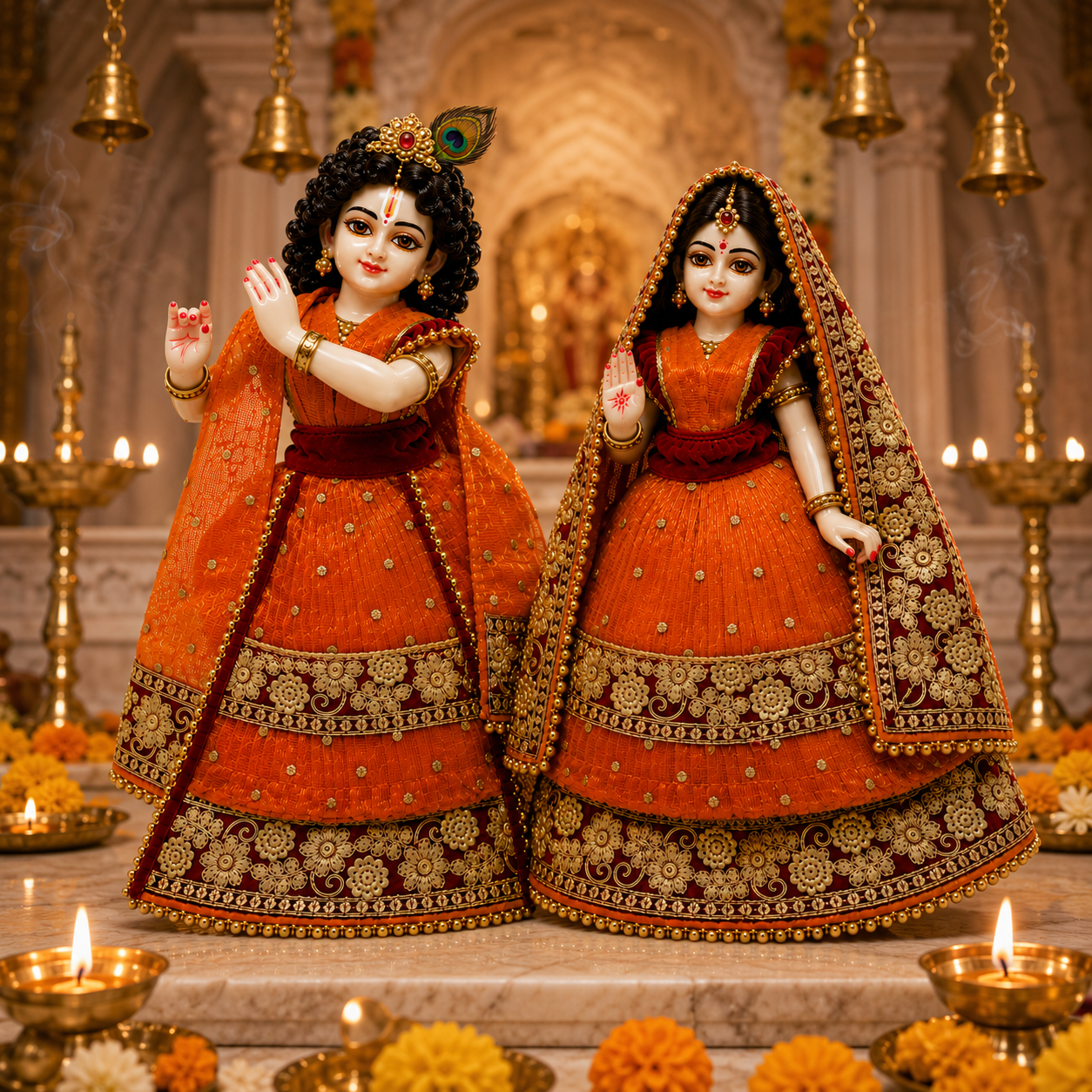 Bansuri Premium Handmade Radha Krishna Poshak | Orange & Maroon Designer Dress with Golden Embroidery (REOR289)