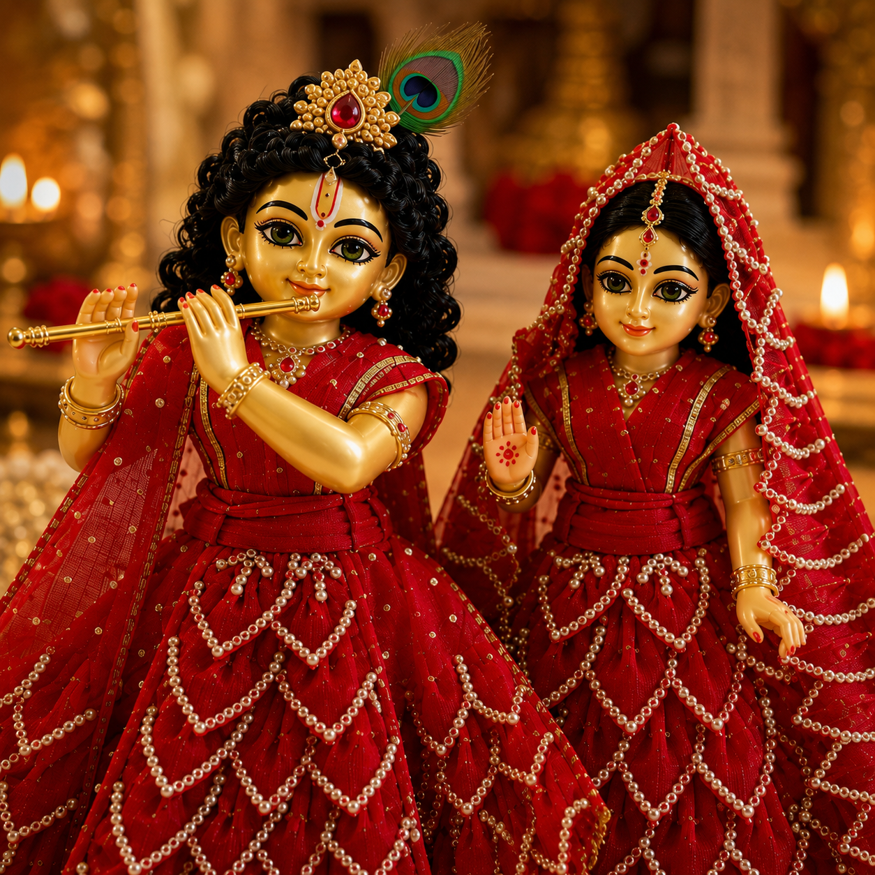 Bansuri Premium Handmade Radha Krishna Poshak Set | Red Pearl Embroidered Radha Krishna Dress | Designer Radha Krishna Shringar Collection (FR239)