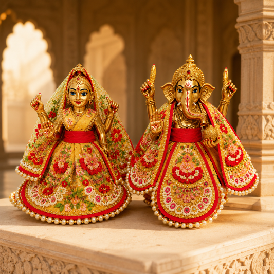 Bansuri Premium Floral Ganesh Lakshmi Dress | Golden Yellow Designer Poshak with Pearl Work (2.5 Inch)