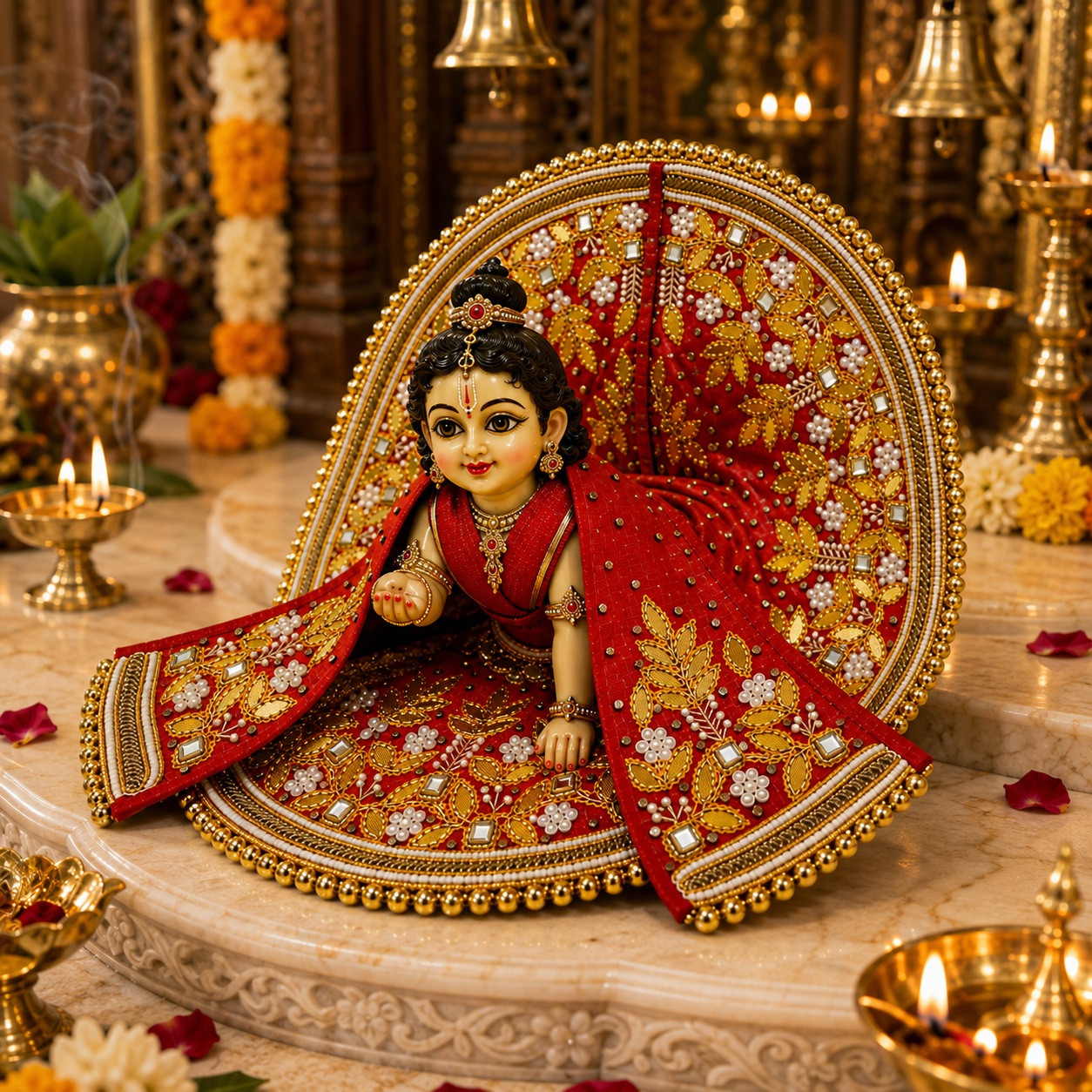 Bansuri Premium Handmade Laddu Gopal Poshak with Decorative Backdrop | Red & Gold Designer Dress with Pearl & Stone Work (RGO260)