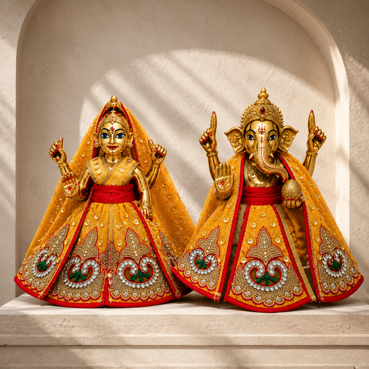 Bansuri Premium Golden Yellow Ganesh Lakshmi Dress | Designer Poshak with Red Border & Stone Work (3.5 Inch)