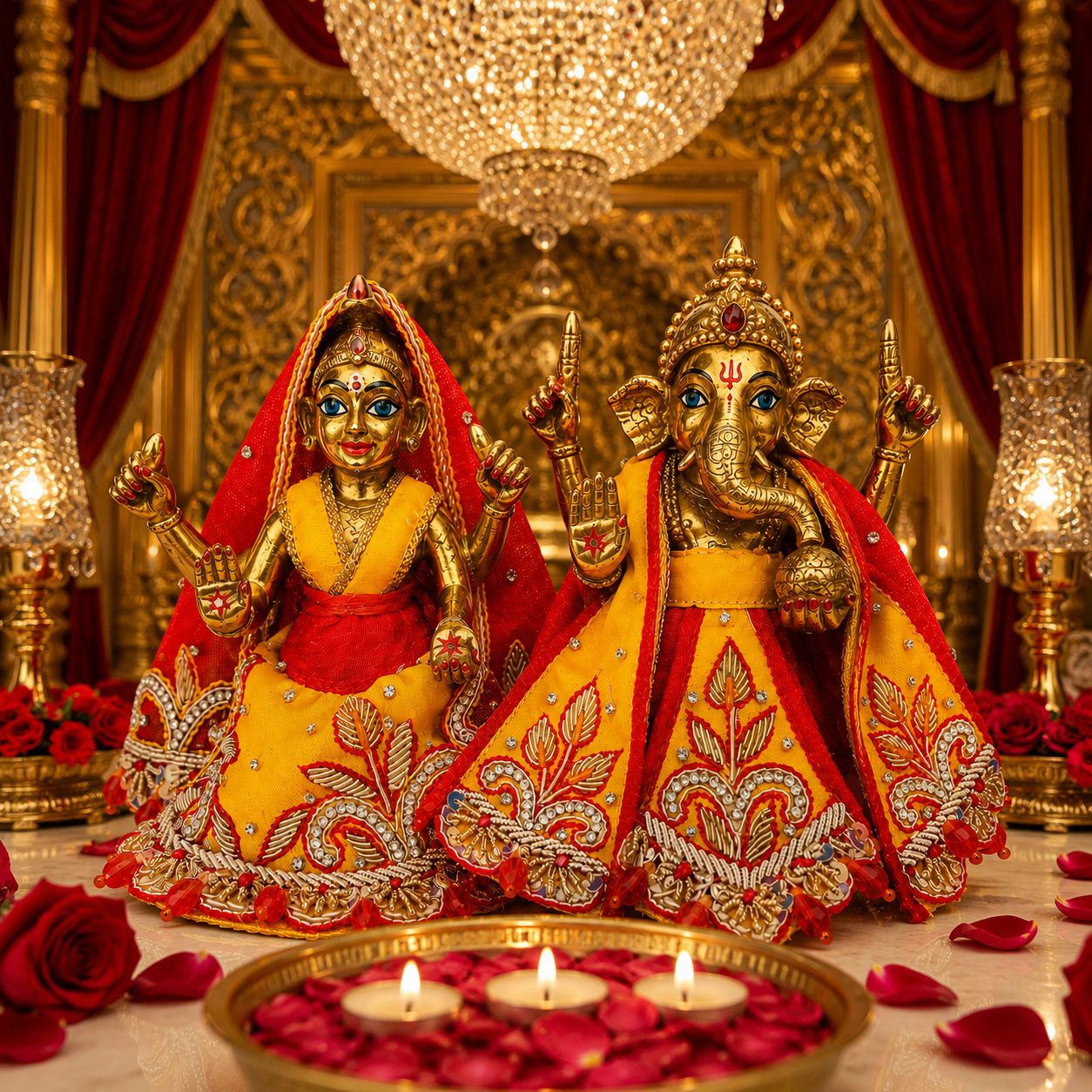 Bansuri Premium Handmade Ganesh Lakshmi Designer Poshak Set | Yellow & Red Embroidered Dress for Ganesh Ji & Lakshmi Mata (3.5 Inch)
