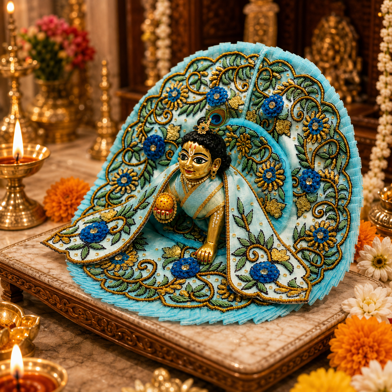 Bansuri Premium Sky Blue Laddu Gopal Ji Dress with Decorative Floral Backdrop | Handmade Designer Poshak for Kanha Ji | Janmashtami & Daily Shringar (SHBL255)