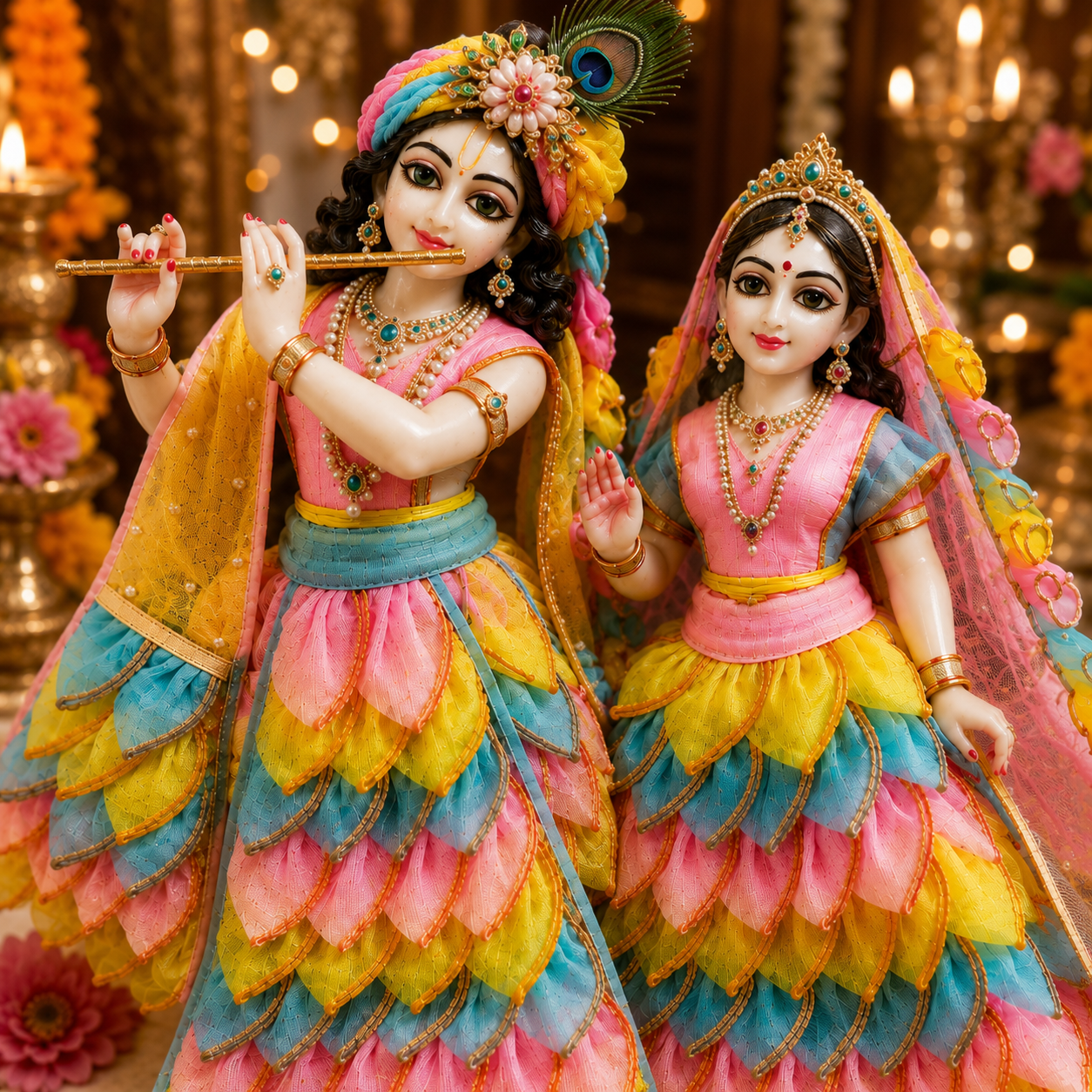 Bansuri Premium Handmade Radha Krishna Poshak | Designer Radha Rani & Krishna Ji Dress with Layered Floral Design | Festive Deity Dress for Janmashtami, Radhashtami & Daily Shringar (TCO240)