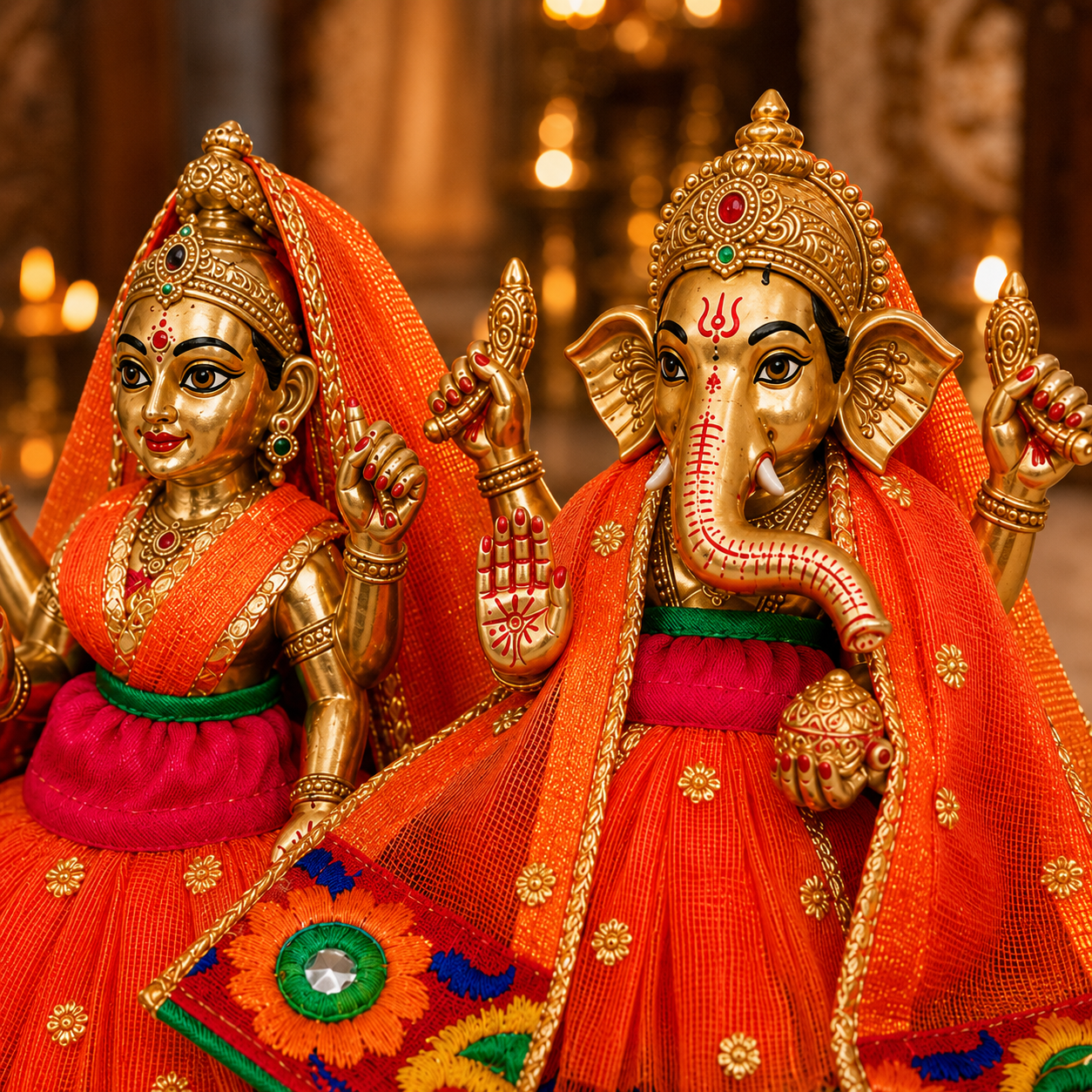 Bansuri Premium Handmade Ganesh Lakshmi Poshak | Designer Ganesh Ji Lakshmi Ji Dress | Orange Embroidered Deity Vastra (ODL113)