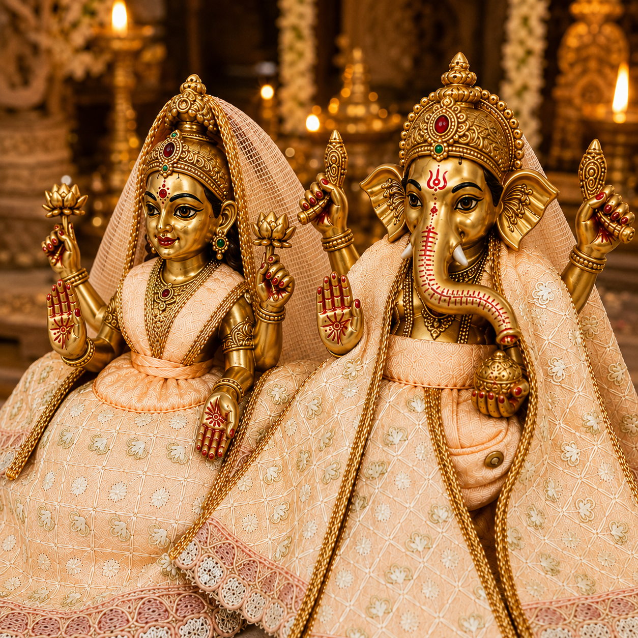 Bansuri Premium Handmade Ganesh Ji Lakshmi Ji Poshak Set | Peach Embroidered Designer Ganesh Lakshmi Dress | Festival & Daily Shringar Collection (PEA266)