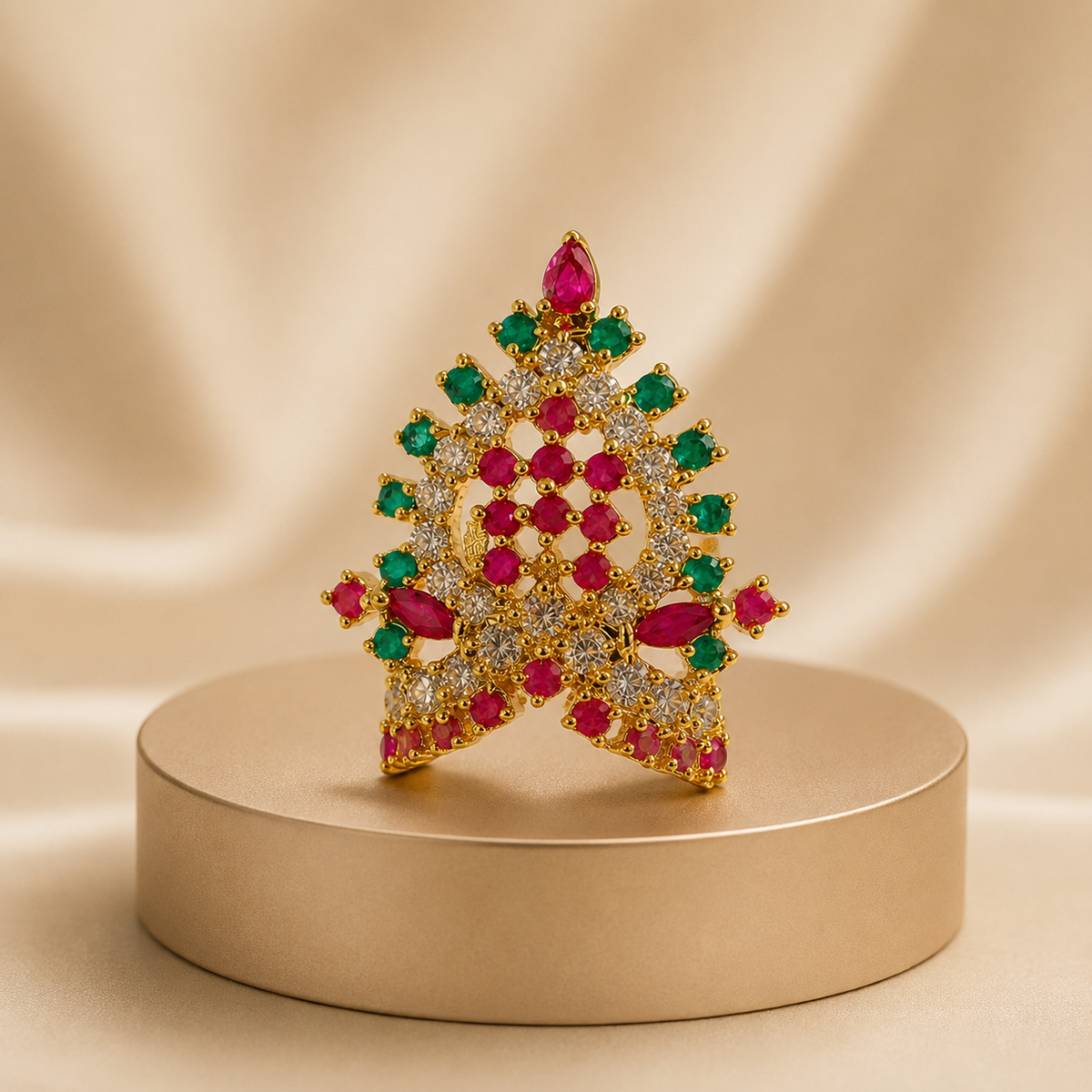 Bansuri Premium Ruby Pink & Emerald Green Stone Studded Gold Finish Deity Mukut for Laddu Gopal, Krishna Ji & God Idols (MK100)