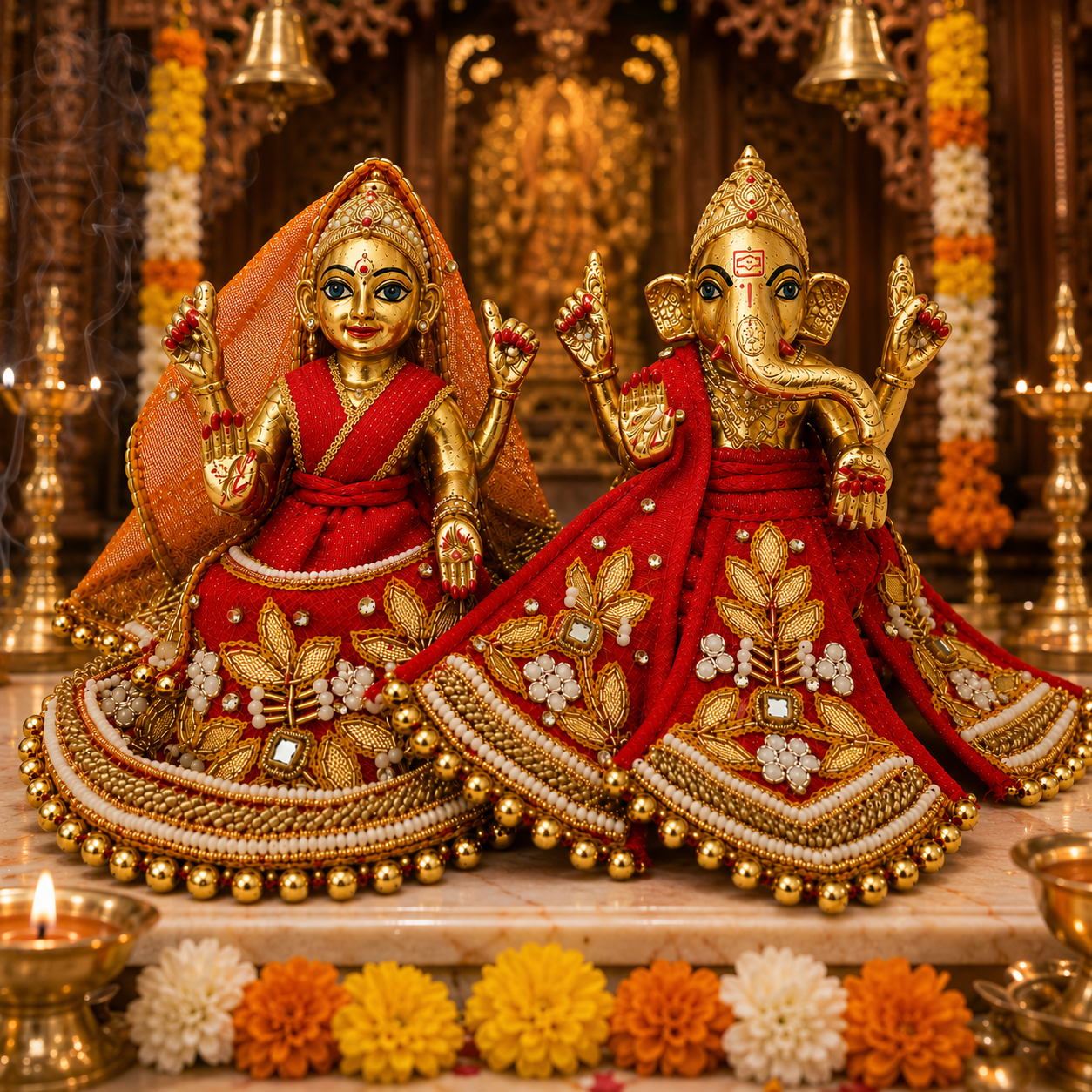 Bansuri Premium Handmade Lakshmi Ganesh Poshak | Red & Gold Designer Dress with Zari & Beadwork (RGO260)