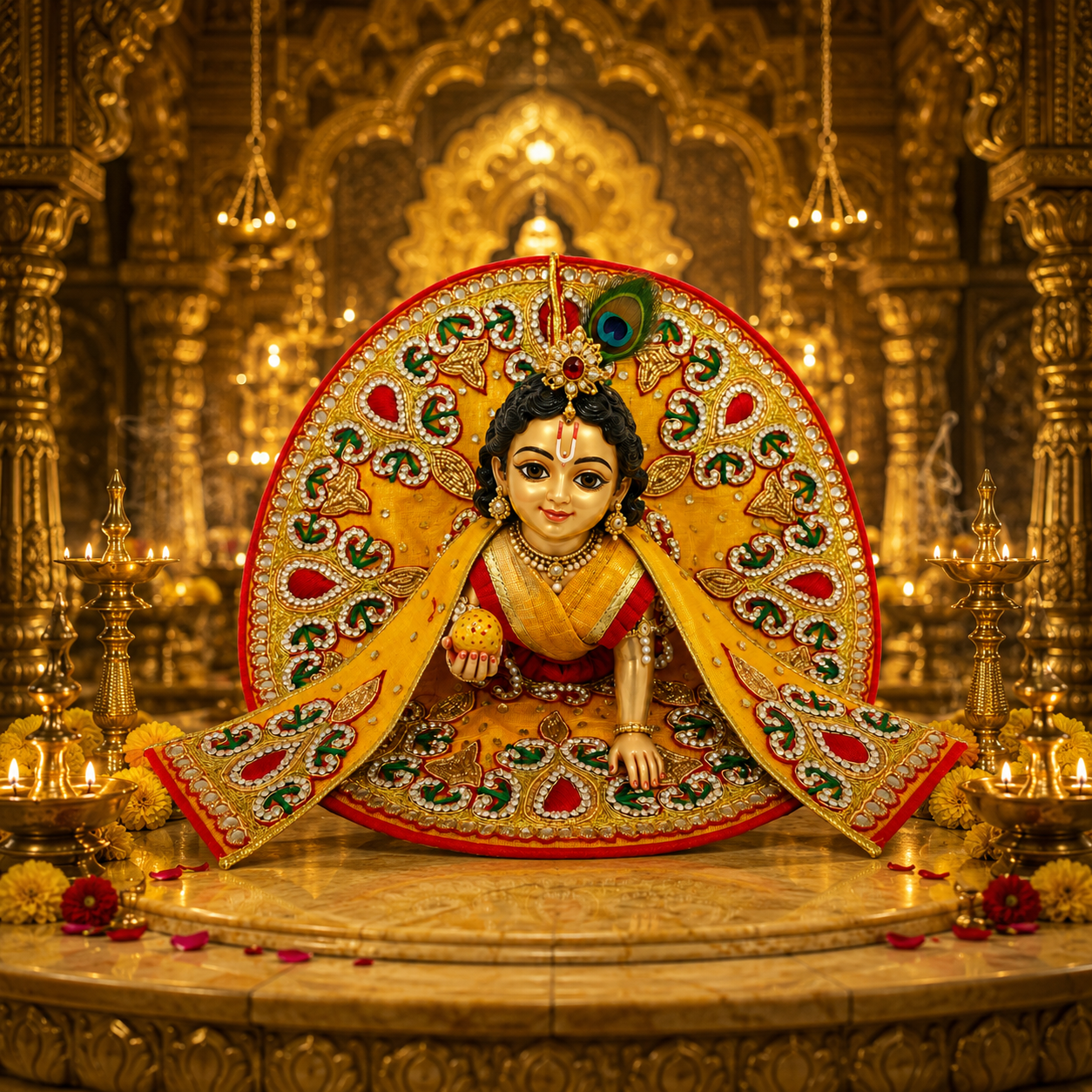 Bansuri Handmade Laddu Gopal Poshak | Premium Yellow Red Designer Dress Set with Embroidered Backdrop for Krishna Ji (8 Inch)