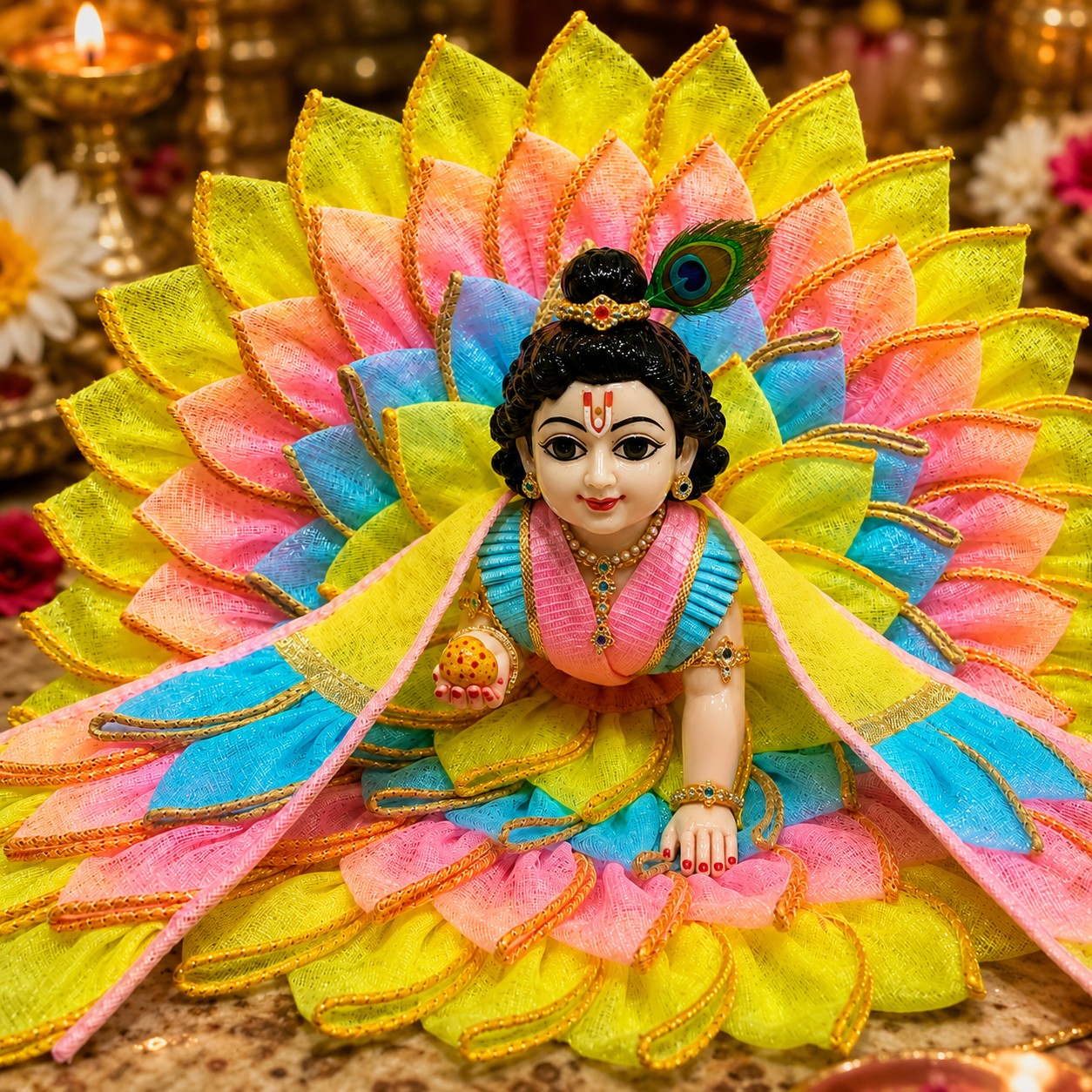 Bansuri Premium Handmade Laddu Gopal Poshak | Designer Kanha Ji Dress with Multicolor Lotus Layered Design | Festive Deity Dress for Janmashtami, Daily Shringar & Temple Decoration (TCO240)