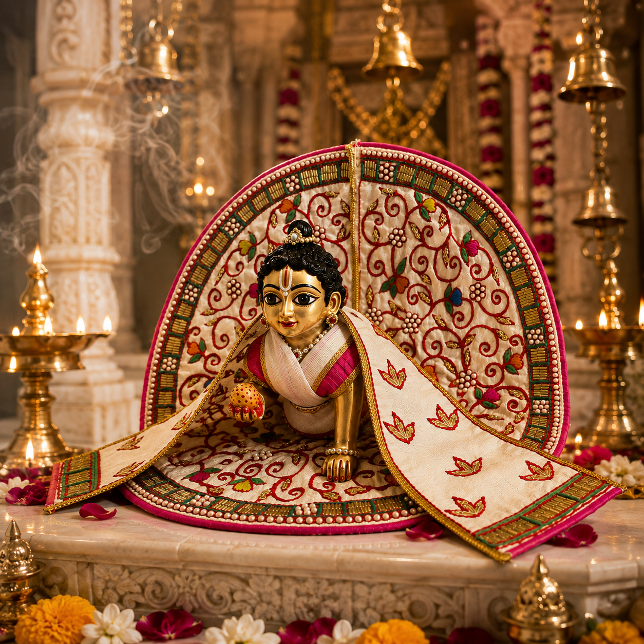 Bansuri Premium Handmade Laddu Gopal Poshak with Decorative Backdrop | Cream Pink Floral Embroidered Kanha Ji Dress | Designer Janmashtami Shringar Collection (152)