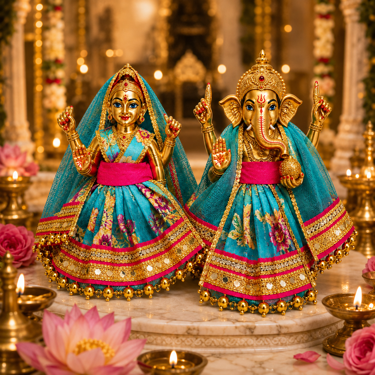 Bansuri Premium Turquoise Blue Floral Ganesh Lakshmi Dress | Designer Deity Poshak with Golden Lace (3 Inch)