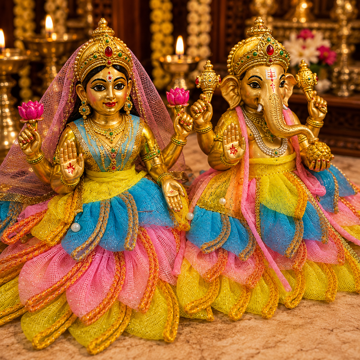 Bansuri Premium Handmade Ganesh Lakshmi Poshak | Designer Ganesh Ji & Lakshmi Ji Dress with Floral Layered Skirt | Festive Deity Dress for Diwali, Ganesh Chaturthi & Daily Shringar (TCO240)