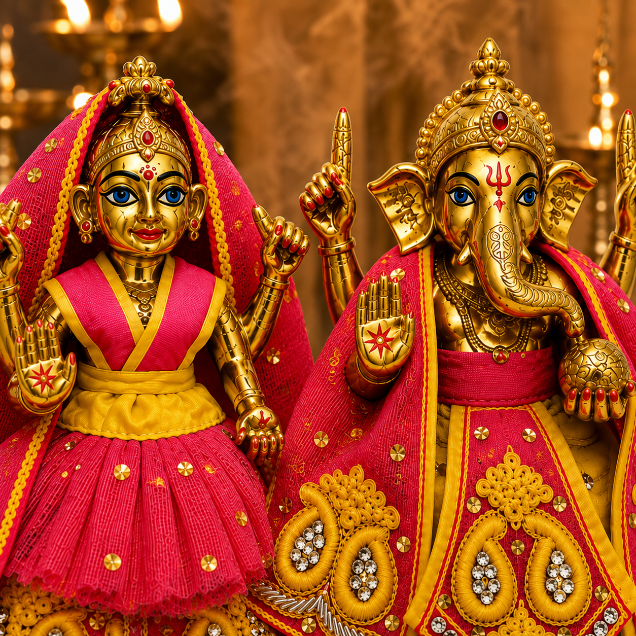 Bansuri Premium Handmade Ganesh Lakshmi Poshak | Designer Ganesh Ji Lakshmi Ji Dress | Yellow & Pink Embroidered Deity Vastra | Festival Collection