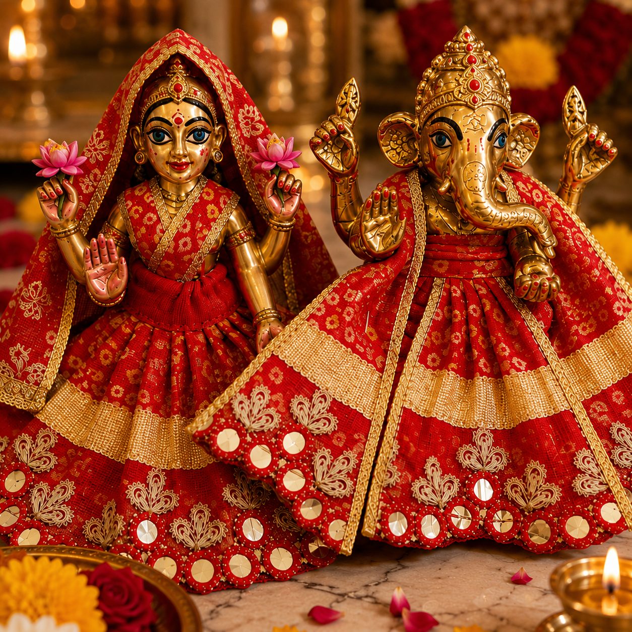 Bansuri Premium Handmade Lakshmi Ganesh Poshak | Red & Gold Designer Dress for Lakshmi Ji and Ganesh Ji (RB262)