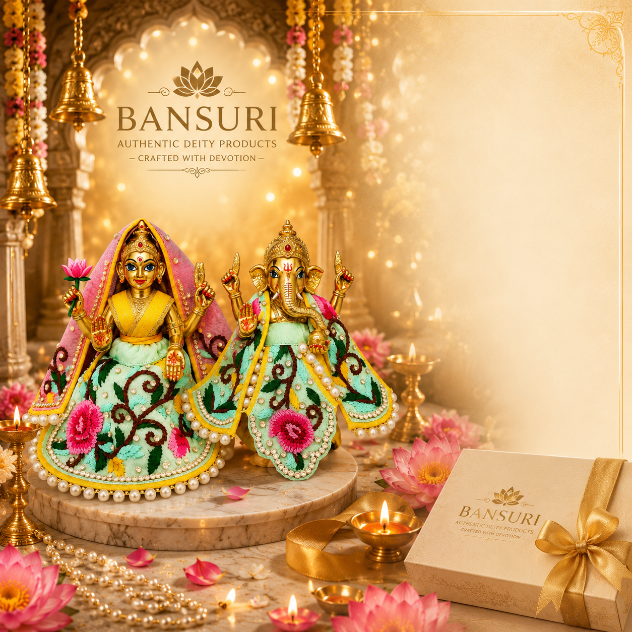 Bansuri Premium Handmade Mint Green Floral Embroidered Ganesh Lakshmi Dress | Designer Deity Poshak with Pearl Work (3.5 Inch)