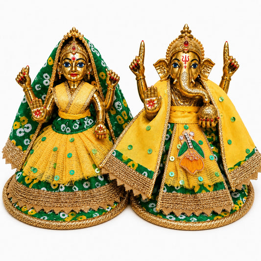 Bansuri Premium Handmade Green Bandhani Ganesh Lakshmi Dress | Yellow Designer Deity Poshak (3.5 Inch)