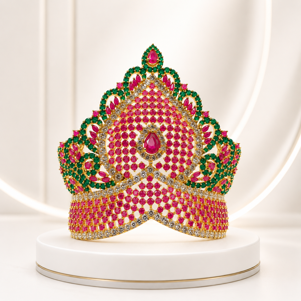 Bansuri Premium Ruby Pink & Emerald Green Stone Studded Gold Finish Deity Mukut for Laddu Gopal, Krishna Ji & God Idols (MK100)