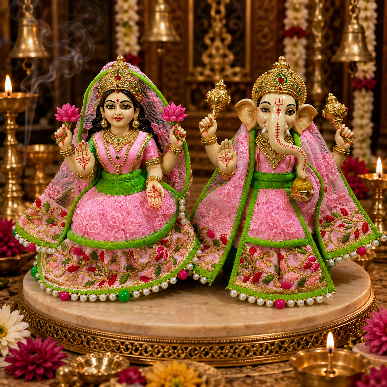 Bansuri Premium Handmade Pink & Green Ganesh Lakshmi Ji Dress Set | Designer Poshak for Ganesh Lakshmi Idol | Festive Pooja Shringar (THPI286)