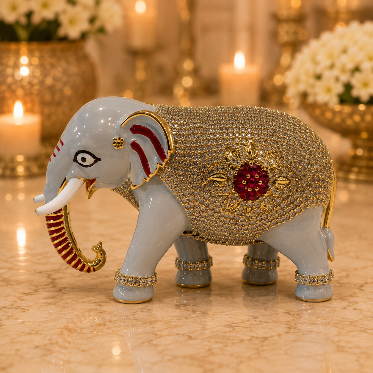 Bansuri Premium Crystal Elephant Showpiece | Luxury Decorative Elephant Figurine | Handmade Gold & Grey Home Décor Statue | Elegant Gift & Vastu Elephant
