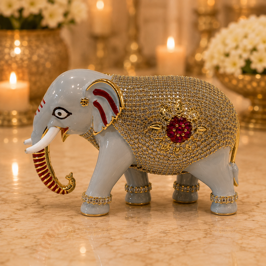Bansuri Premium Crystal Elephant Showpiece | Luxury Decorative Elephant Figurine | Handmade Gold & Grey Home Décor Statue | Elegant Gift & Vastu Elephant (ELEPHANT01)