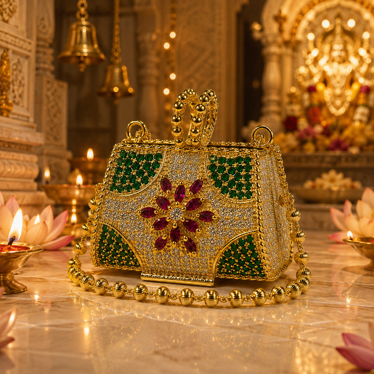 Bansuri Premium Crystal Potli Bag Pendant For Deity Idol | Luxury Handcrafted Temple Purse Ornament For Home Mandir Decor